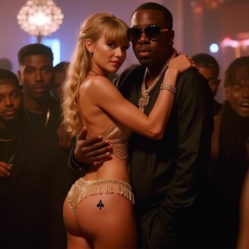 Nightclub scene with couple dancing. Woman with long blonde twintails and large blue eyes. She wears a gold fringe bikini. The man is older rapper holding her. They are surrounded by others. Full body shot. Woman is smiling and dancing. Spade tattoo on her butt visible. Men crowd around them. Boyfriend in background looks surprised.