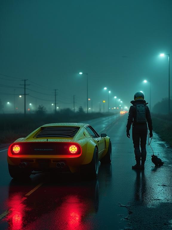 Cinematic cyberpunk night scene on deserted highway under starless sky vivid yellow retro-futuristic sports car parked in right lane circular red taillights glowing slick rain-damp asphalt road stretching into blur of distant city lights solitary astronaut in high-tech spacesuit standing on roadside beneath muted glow of streetlamp majestic black wolf with luminous eyes approaching