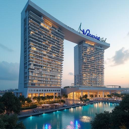 Large building known as Nexus VI hotel shown in a scenic waterfront area with evening light and modern design.