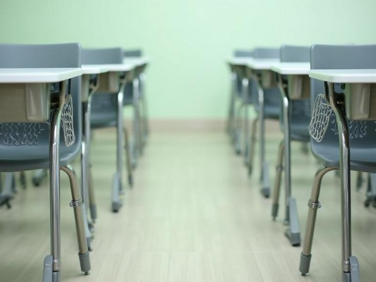 Photograph of an empty classroom featuring rows of white desks and grey plastic chairs. Floor is light wooden and walls are pale green. The shot has soft lighting and is slightly out of focus. Captured from a low angle, showcasing a clean and tidy educational environment with a minimalistic and organized arrangement.