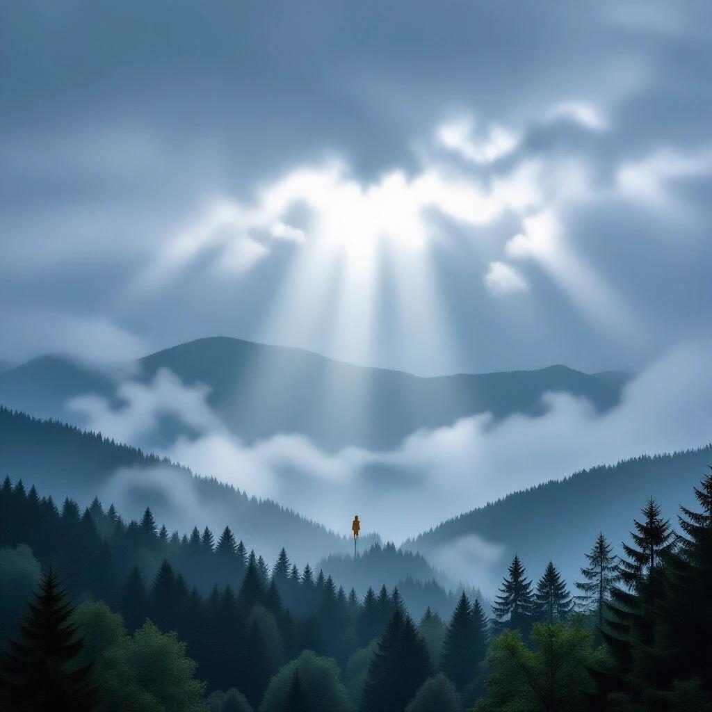 Landscape surrounded by a cloudy forest with a ray of light emerging from a cloud. It has a breezy atmosphere suggesting rain soon. A silhouette is placed in the center of the light beam.