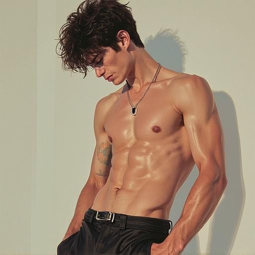 A young Japanese male model with an athletic physique poses confidently without a shirt. He is 182cm tall and around 22 years old. The focus is on his toned body and facial features, complemented by stylish pants and a pendant necklace.