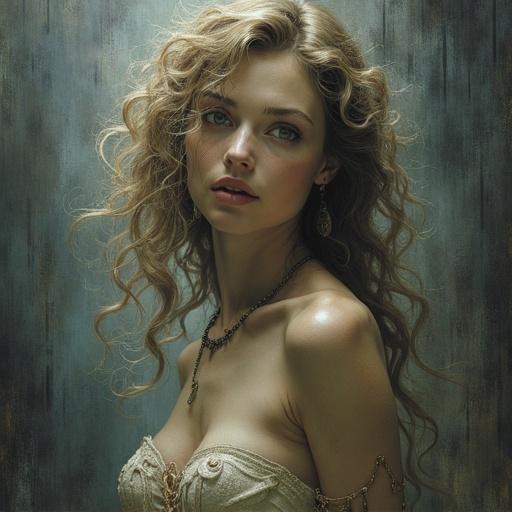 Portrait of a woman with flowing hair. She has an expressive look and elegant attire. The background is textured and moody. Inspired by fantasy themes.