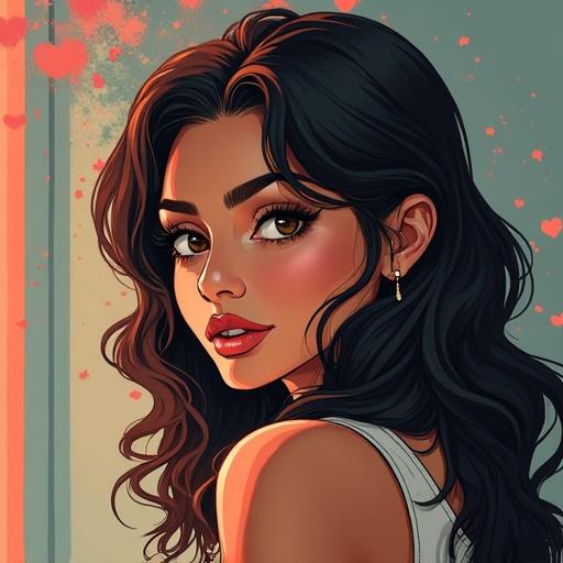 Illustration of a beautiful woman with long hair and a charming expression. Background adorned with heart shapes.