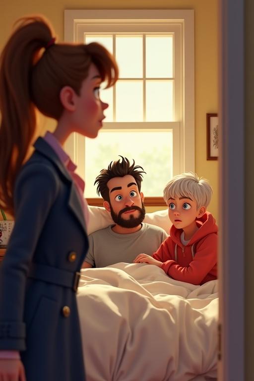 A cartoon scene with a shocked woman frozen in the doorway. A man sits up in bed, stunned. A young woman next to him clutches the bedsheet in panic. The bedroom is cozy with sunlit walls and a messy duvet.