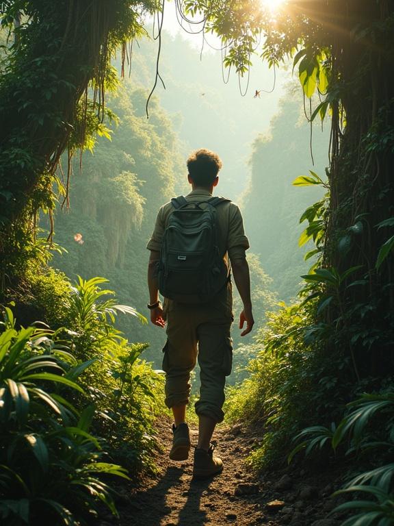 Hyper-realistic depiction of a traveler in a dense jungle. The explorer has a dirt-streaked face, torn cargo pants, and a rugged backpack. They push through thick foliage, sweat from humidity. The jungle is vibrant with ferns, twisted roots, and colorful flowers. Birds scatter overhead. Sunlight filters through the canopy, creating a mystical atmosphere. The traveler pauses on a ridge overlooking a misty valley with ruins. The scene conveys determination and awe, highlighting the connection with nature.