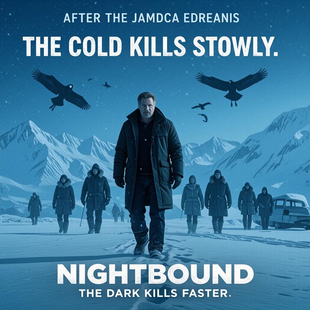 NIGHTBOUND movie poster displays a group of survivors walking through a snowy landscape. They are led by a strong character. The backdrop features dark creatures. The tagline included is 'The cold kills slowly. The dark kills faster.' Overall tone is chilling and suspenseful.
