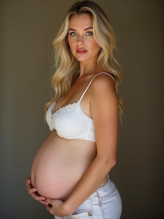 Woman with a perfect face, blonde hair, green eyes, big red lips, 9 months pregnant, wearing a white top and light jeans, standing in profile against a neutral background.