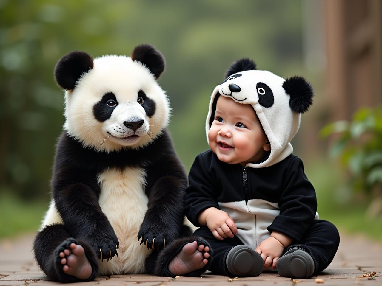 Generate an image of a baby sitting next to a panda bear. The baby should be dressed in panda bear-themed clothes, resembling the appearance of a real panda. The setting should be playful and bright, enhancing the joyful interaction between the baby and the panda bear. The panda should appear friendly and gentle, while the baby looks excited and curious. The background can include a natural habitat with greenery to complement the scene.