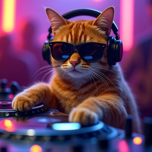 Close-up view of a ginger cat with sunglasses and DJ headphones at a professional DJ deck. Cat is scratching turntable and nodding to the beat. Expression is focused and pleased. Background features blurred dance floor lights and people silhouettes. Neon lighting creates a lively club atmosphere. Highly detailed fur texture and reflections on glasses.