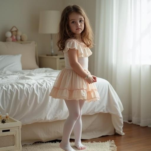 Full body view of a seven year old girl in a blouse and miniskirt wearing white pantyhose. Brown hair. Standing next to a bed in a softly lit bedroom.