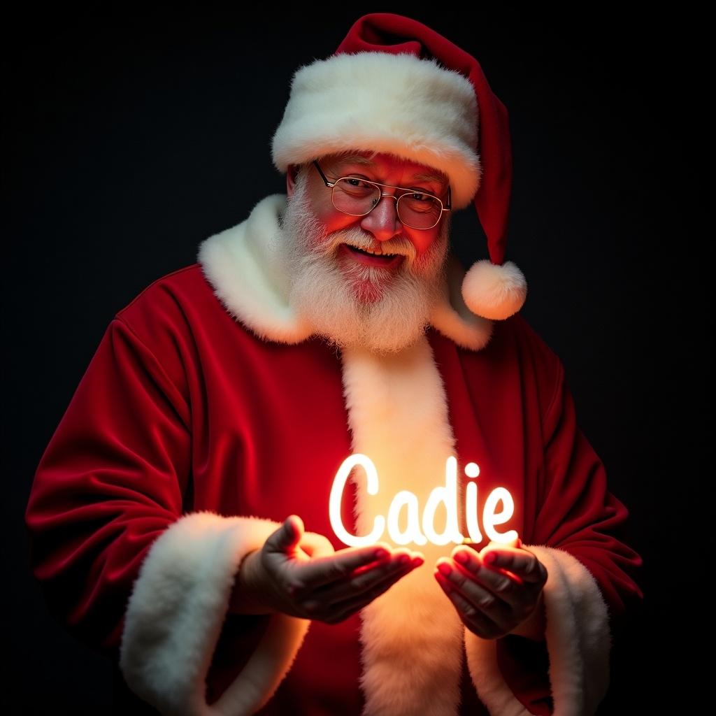 This image features Santa Claus wearing his traditional red and white suit. He is holding a glow stick that forms the name 'Cadie' in bright light. Santa's expression is jolly, exuding warmth and holiday cheer. The background is dark, enhancing the glow of the text. This festive scene captures the magic of Christmas and the joy of the season.