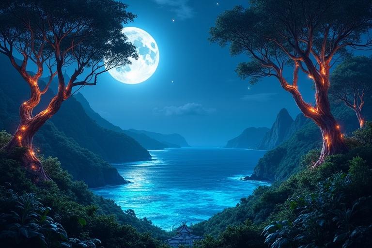 Vast coastal jungle under moonlight. Soft bioluminescent light glows from tall trees. Spiral canopies sway in ocean breeze. Jungle meets crystal-blue bay. Water sparkles with magical marine life. Silhouettes of distant mountains loom. Atmosphere is serene and mystical.