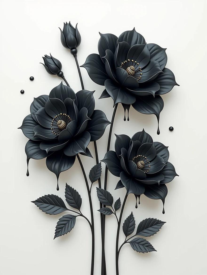 Three black flowers featuring flower buds. Design uses moody color schemes. Flowers appear as if made of liquid metal. Dripping paint accents. Displays exquisite craftsmanship. Image contrasts light and dark sharply. Harmonious use of dark colors. Emphasizes intricate details. Incorporates celestialpunk themes. The overall quality is ultra-detailed.