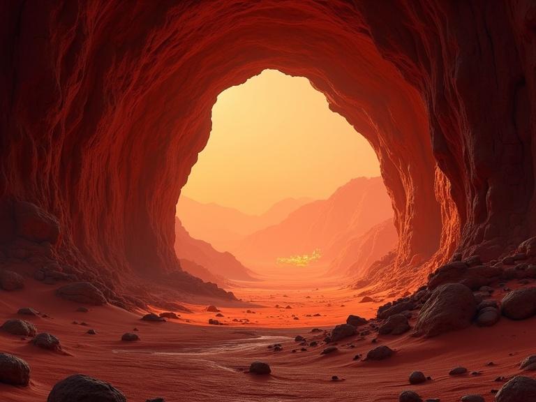 View of the entrance to a cavern on a desert planet with reddish sands. The inside is illuminated by fire torches. Background features a desert landscape.