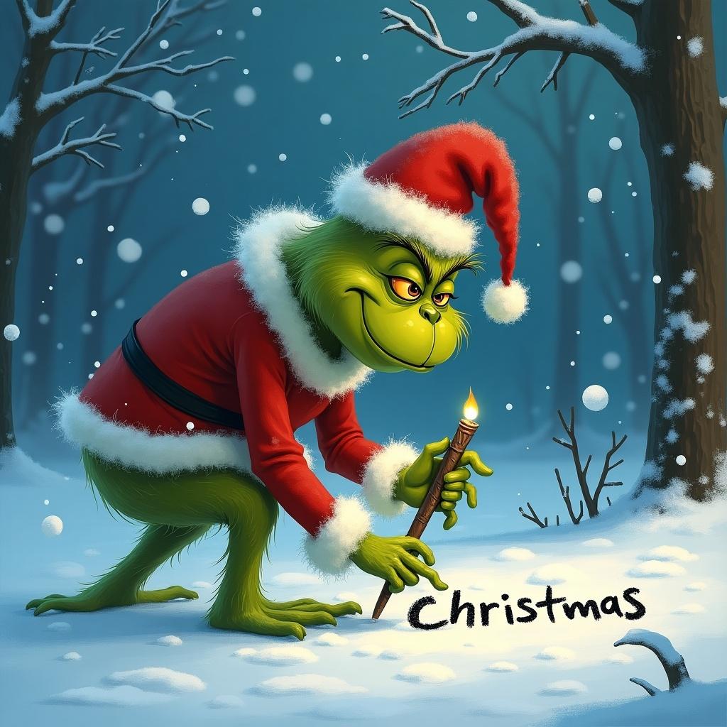 The Grinch wearing a Santa hat and red coat. Green character with a mischievous expression. Writing the word 'Christmas' in the snow. Snow-covered landscape with trees in the background. Nighttime setting with a magical atmosphere.