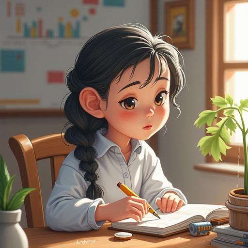 A young girl with long hair is studying at a wooden desk. She wears a white shirt and holds a pen, writing in a notebook. A small plant is on the desk beside her. The background is blurred with hints of charts and papers.