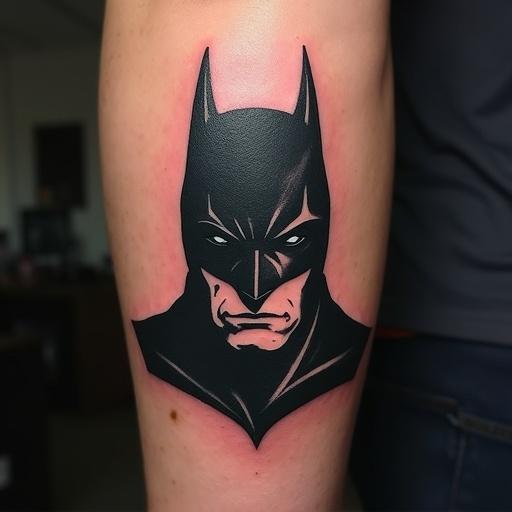 Tattoo depicting Batman with a dark and menacing expression on a forearm.