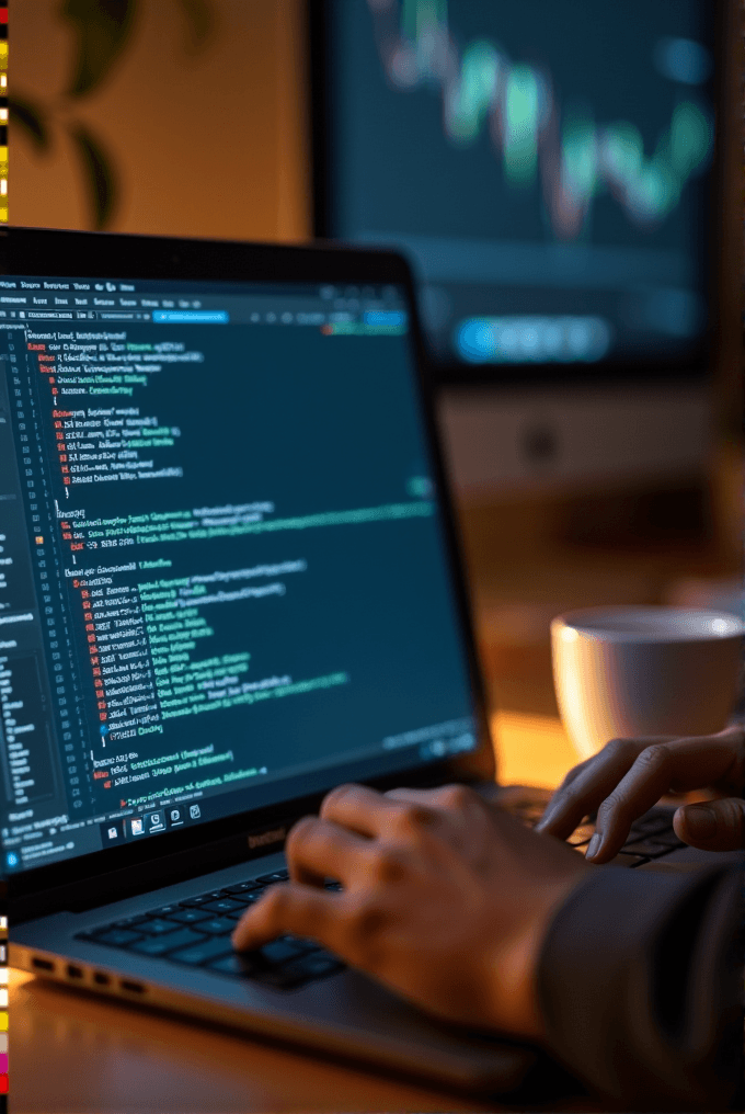 A person types code on a laptop with a coffee cup nearby, against the backdrop of a glowing screen with financial data.