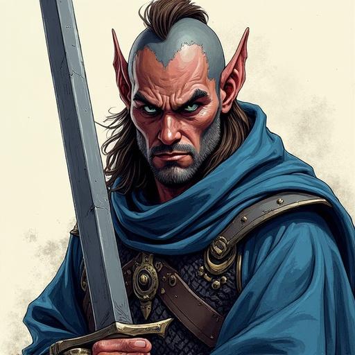 Detailed pen sketch of male tiefling paladin with dark great sword and shield. Features piercing dark blue eyes and an intense expression. Stylized with visible pencil strokes and paper texture. Non-photorealistic with artistic shading in 2.5D.