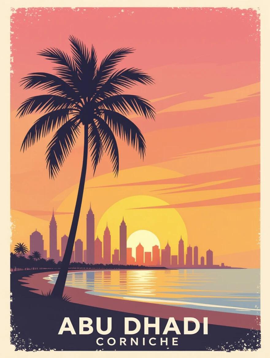 Classic artistic poster for Abu Dhabi Corniche at sunrise. Tall palm tree silhouette with gradient pink and orange sky. Subtle hints of Corniche towers in the background. Soft brushstrokes create calm atmosphere.