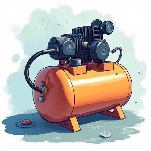 Cartoon style depiction of an air conditioning compressor. Features a large orange tank with a black motor on top. Includes hoses with connecting points. Bright colors and lively design.