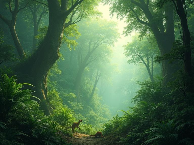 Dense prehistoric jungle filled with towering ferns and cycads. Misty green light filters through. Low angle view beneath canopy. Tiny dinosaurs and insects scurry in shadows. Emphasis on grand scale and textures. Fantasy illustration style. Detailed foliage with soft glow.