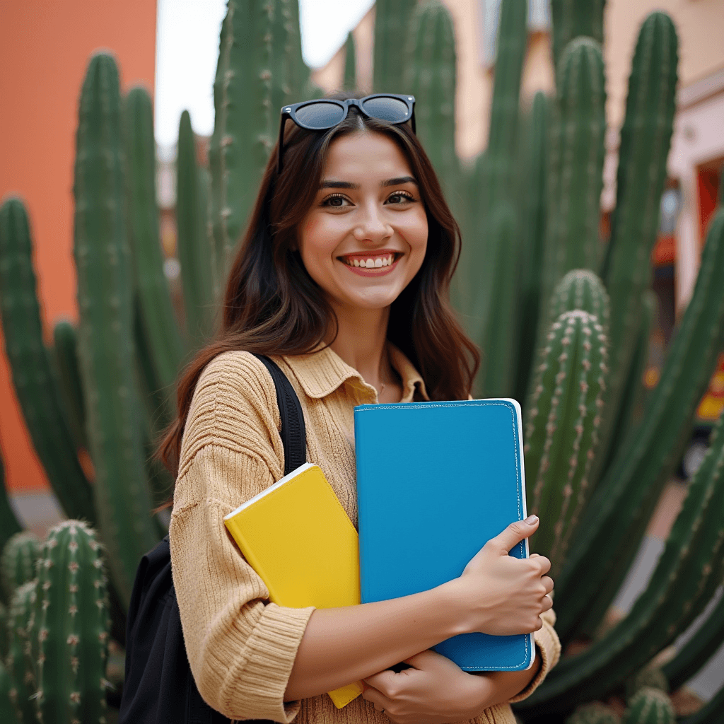 A young woman with long hair holds colorful notebooks and smiles in front of large cacti.