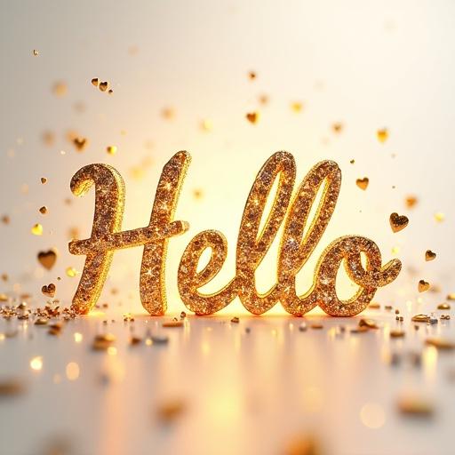 Luxurious 5D rendering displays the word 'Hello' in elegant cursive golden letters surrounded by radiant diamonds. Diamonds reflect light beautifully, creating dazzling effects. There is a warm golden aura around the letters. A ring of gold hearts encircles the composition against a white background, enhancing the shimmering brilliance. This scene showcases artistic mastery.