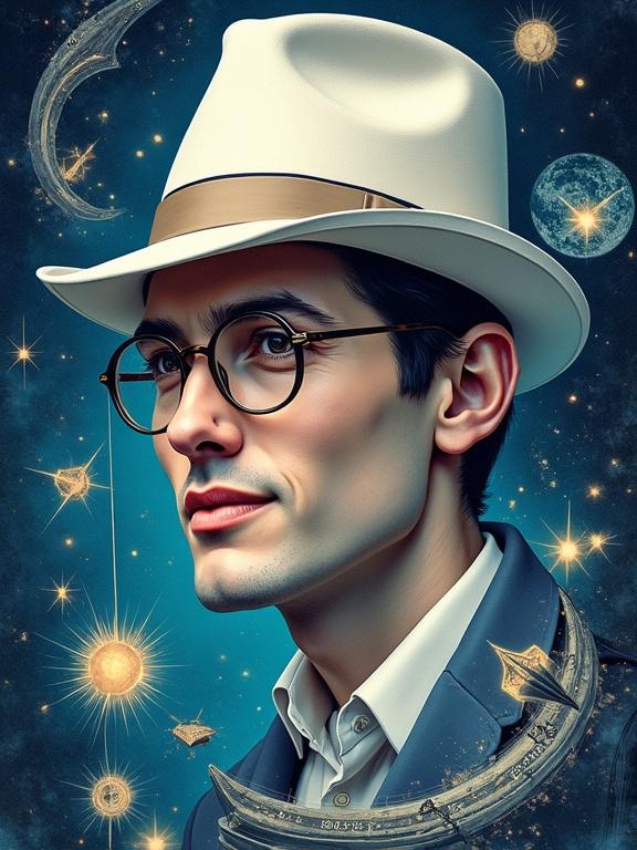 Illustration of a fictional thirty year old author with a soft smile looking diagonally. The illustration depicts a man with a white fedora hat and glasses surrounded by swirling elements of science fiction fantasy. Elements include stars, floating books, clock gears, cosmic energy, and ancient runes. The style is painterly with organic and futuristic motifs. The color palette features deep blues and golden highlights. The atmosphere is magical and mysterious.