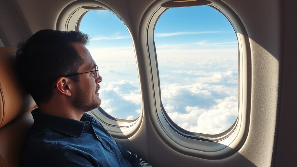 A man gazes out of an airplane window at a sky full of clouds.