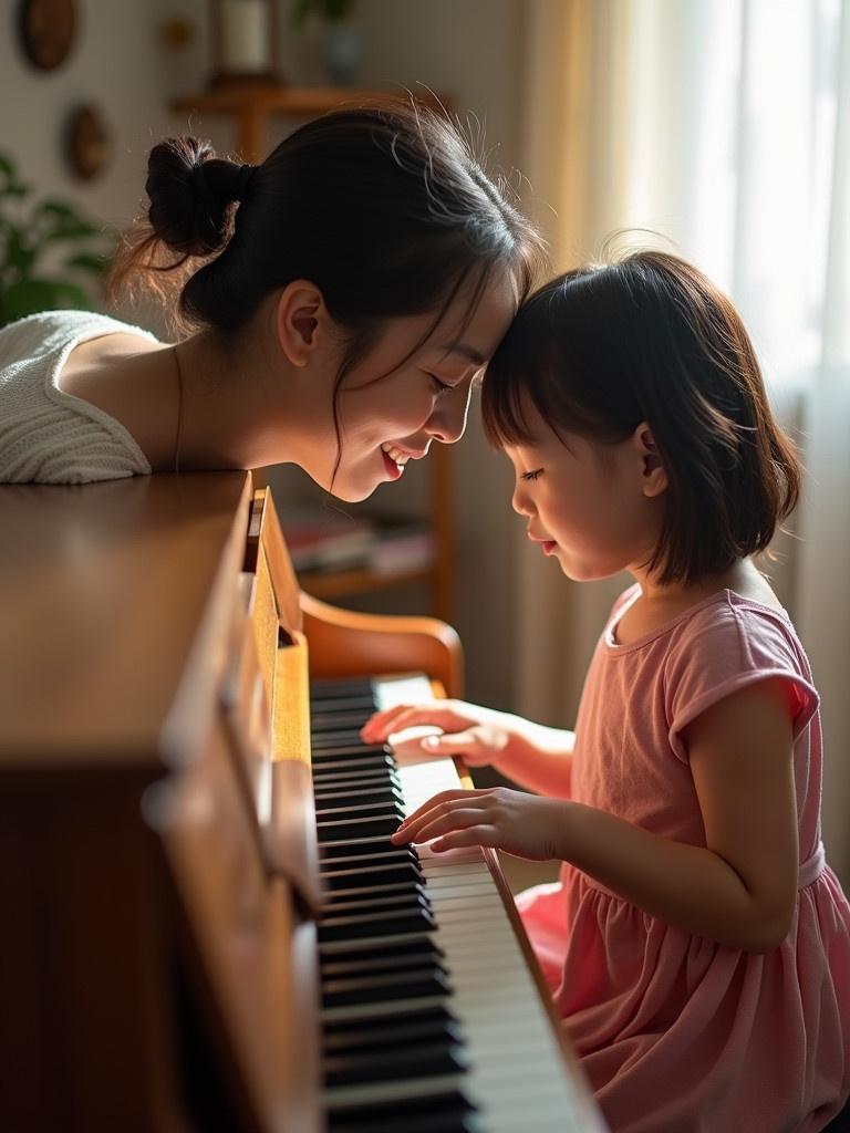 A mother and daughter play the piano together at home. The setting is cozy and inviting with soft light. The daughter is focused on the keys. The mother encourages her engagement in music. Both share a special moment together.