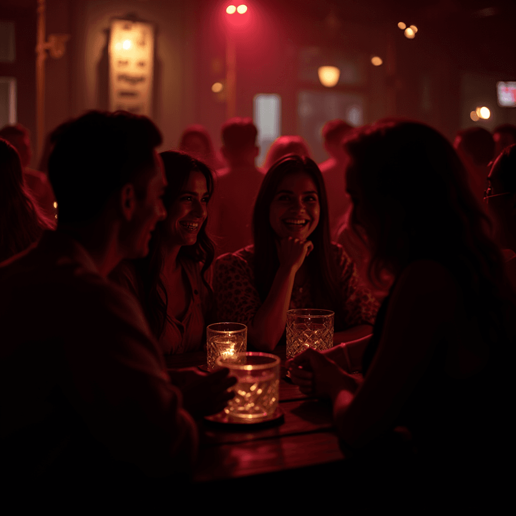 A group of friends enjoying a dimly lit bar with warm red lighting and candlelit glasses.