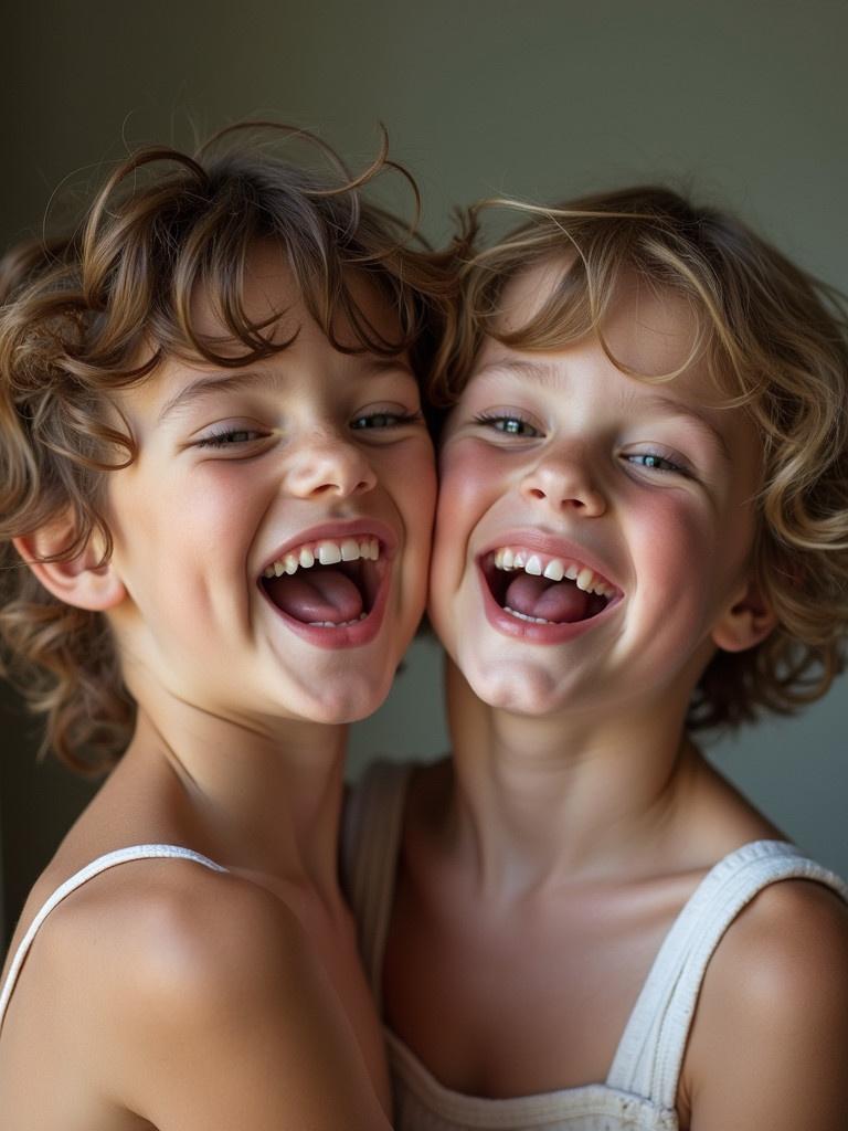 Two boys standing close together. They are laughing and making fun. The background is soft and neutral. They have curly hair and light skin. They show expressions of joy and playfulness.