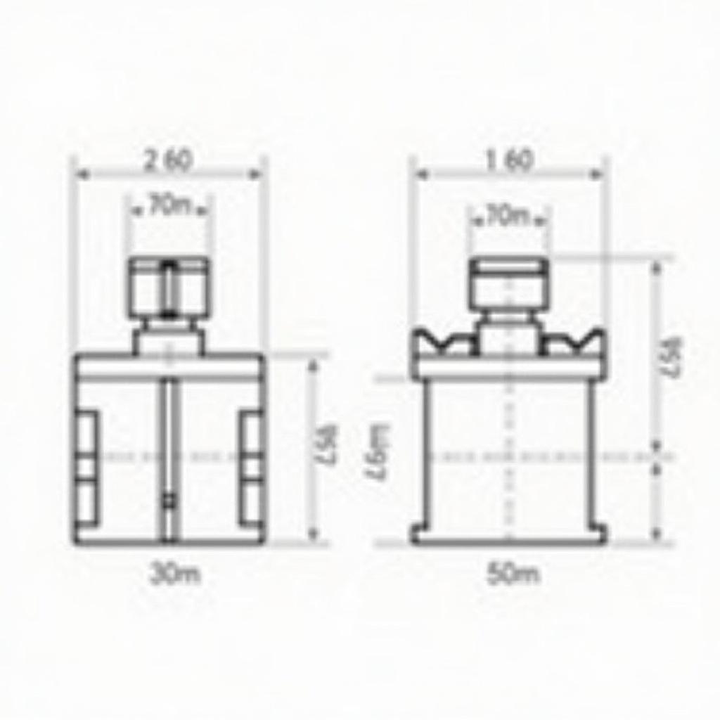 Technical drawing of a mechanical component. Cylindrical shape on a rectangular base. Dimensions marked in millimeters. Includes slot and circular protrusion. Notches along the rectangular section. Details height of 30 units and width of 50 units. Side view captures depth and height with protruding notches. Serves as a reference for engineering and architectural projects.