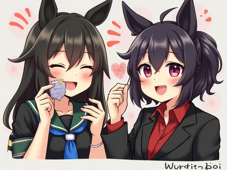 Two anime-style characters with horse ears share a joyful moment. One character wears a school uniform, the other in a suit. Both are smiling and interacting playfully.