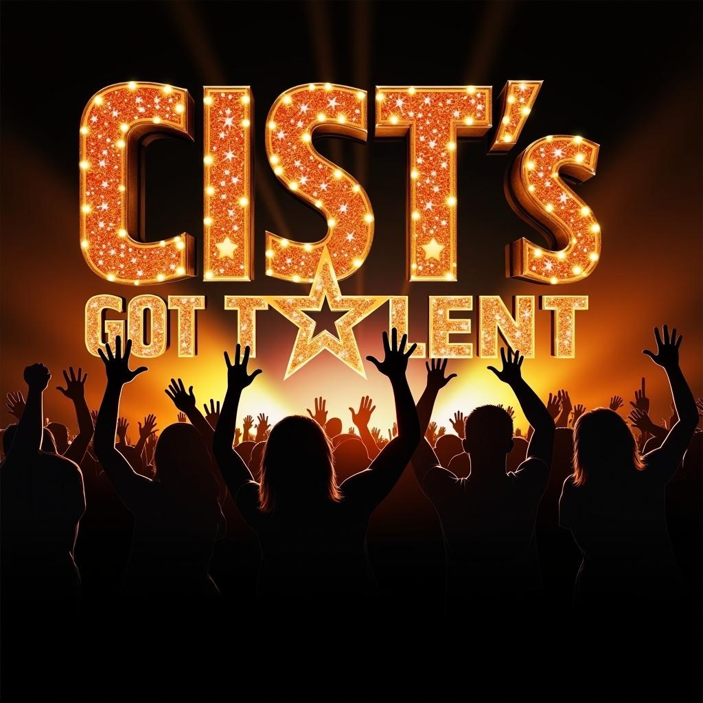 This image features the phrase 'CIST's GOT TALENT' in an eye-catching design reminiscent of talent show branding. The text is bold and modern, with a star-shaped 'O' in 'GOT' for added flair. Behind the text, a silhouetted audience raises their hands in excitement, suggesting a lively atmosphere. The color scheme combines a vibrant orange and black for a dramatic effect. The overall composition captures the thrill of live performances, making it perfect for promotional use in the entertainment industry.