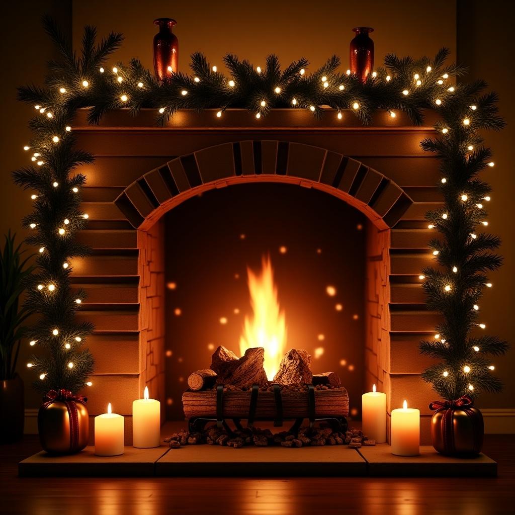 Fireplace scene with burning logs and embers. Christmas decorations on the mantle. Cozy and warm ambiance created by lights and candles.