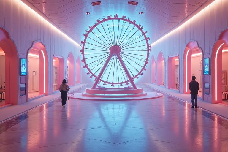 An ultra-realistic photo of a futuristic room. The room features a large ferris wheel structure at its center. Walls are sleek and modern. The lighting creates an ethereal ambiance with blue and pink tones. Two people are walking in the room, adding depth to the scene.