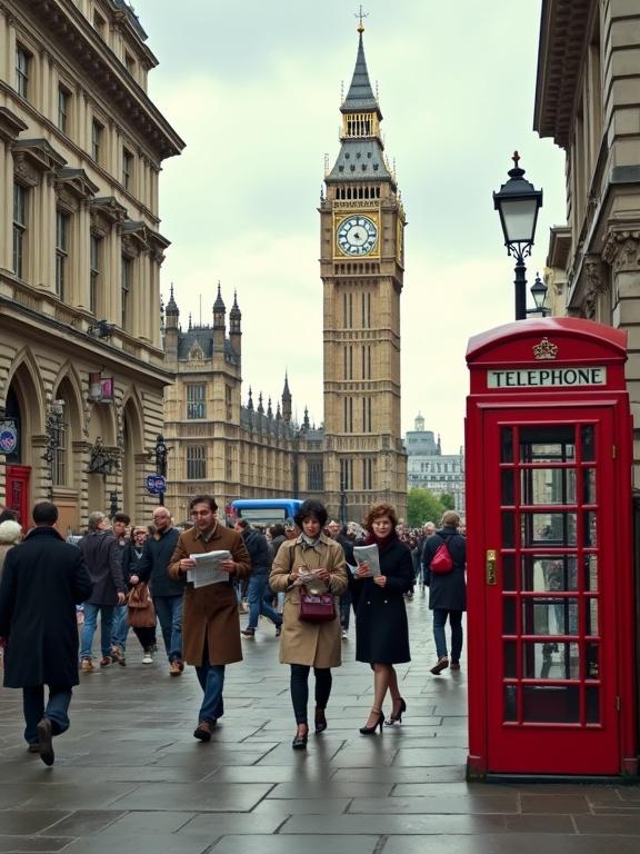 Scene depicting Central London in the 1950s. Iconic landmarks like Big Ben and Tower Bridge in view. Traditional red telephone booth present. People engaged in activities like reading newspapers and listening to radios. Realistic Don Lawrence style.