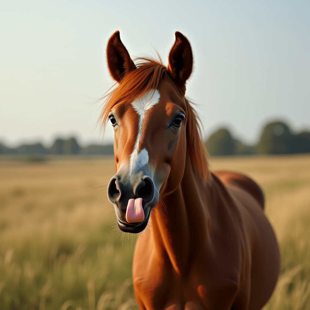 A light brown horse with a white blaze on its forehead sticks out its tongue in a grassy field, exuding a playful and endearing demeanor.