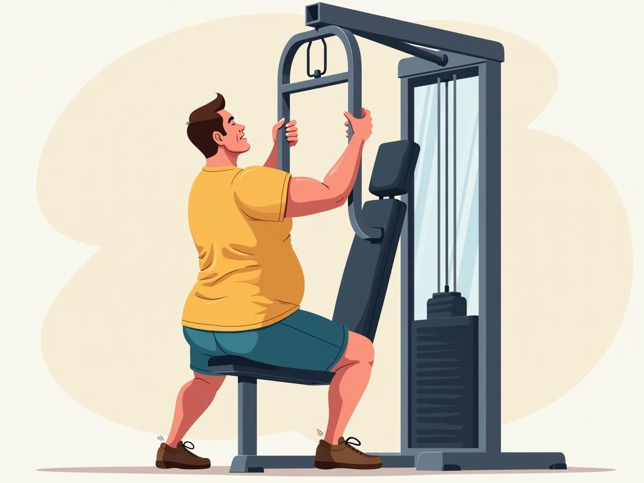 Illustration of a slightly overweight man in three-quarters view using a lat pulldown machine facing away.