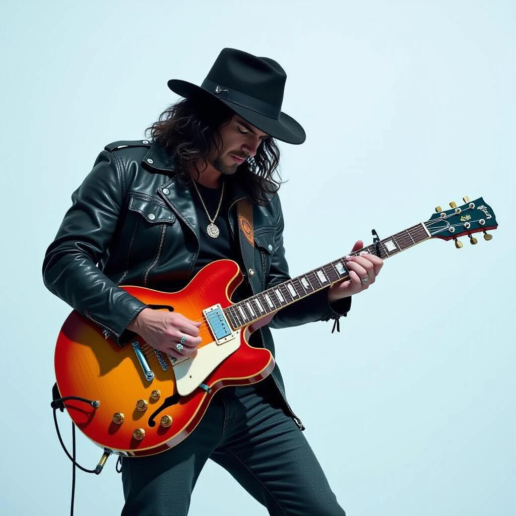 Guitarist with a guitar performing on a white background. Image shows a rock musician in a leather jacket. The image has a cinematic feel. It uses a minimalistic style with a regression and glitch effect. The focus is on the guitar and musician's pose.