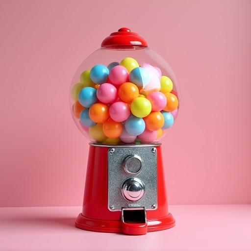 Hyper-realistic highly stylized image of a retro gumball machine against a soft background. Colorful gumballs inside a clear globe. Machine has chrome base and 'Turn the knob' label. Cinematic lighting and shadows.