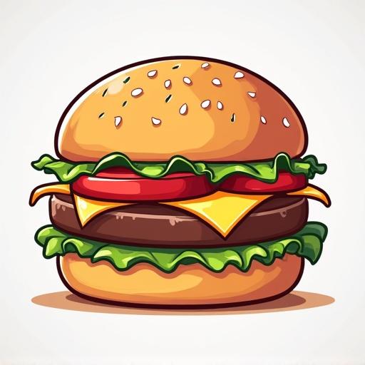 Design logo with cartoonish burger details. Focus on bright colors and fun elements. Showcase burger layers with lettuce tomato and cheese. Emphasize a cheerful style.