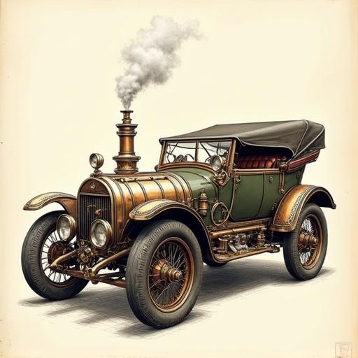 Illustration of a retro-futuristic steampunk automobile. The vehicle features an antique design from the early 20th century. It has visible mechanical details like copper pipes, gauges, gears, and lamps. A small chimney emits smoke or steam. The wheels are large and spoked. The drawing is highly detailed, resembling technical illustrations or concept art.