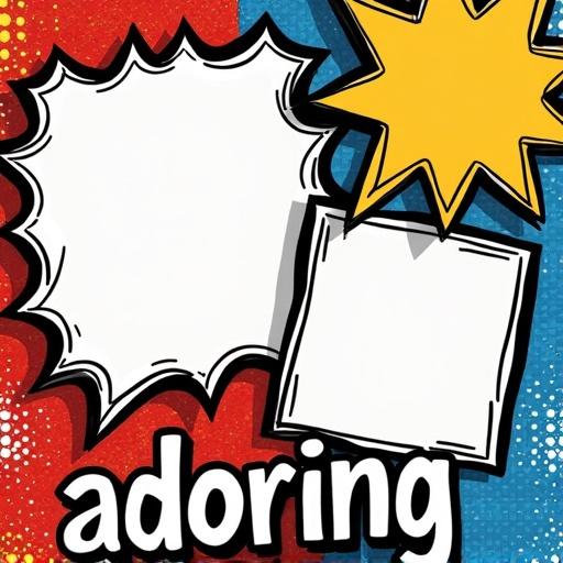 A pet-themed photo collage in bold pop-art style featuring two blank photo cutouts. One comic speech bubble-shaped frame is on the left side, and a starburst explosion-style frame is in the top-right corner. The background has vibrant primary colors like red, blue, and yellow in halftone patterns and comic-style lines. Thick black outlines surround all elements. The photo frames are decorative and stylized, filling most of the canvas space. The word 'adoring' is included in hand-drawn pop-art font with a white outline and drop shadow, placed prominently. No placeholder photos are inside, just empty cutout areas for photo placement.