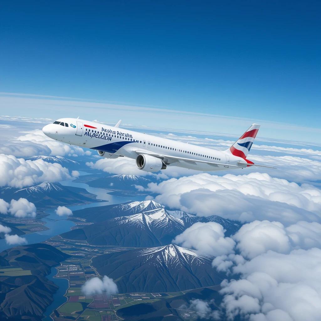 Image shows an airplane traveling through the sky. Aircraft flies over majestic mountains and fluffy clouds. Bright blue sky serves as the backdrop. Captured at high altitude.