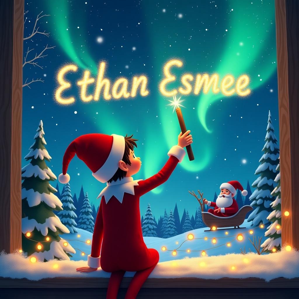 This enchanting image features an elf on the shelf with his back turned to the viewer, gazing up into a magical night sky. The elf is using a wand to write the name 'Ethan Esmee' in sparkling letters against the vibrant northern lights. Surrounding the elf is a picturesque winter wonderland adorned with snow-covered trees and twinkling lights in the foreground. The atmosphere is festive and brimming with the joy of Christmas. The elf's cheerful red outfit adds a whimsical touch to this delightful illustration.