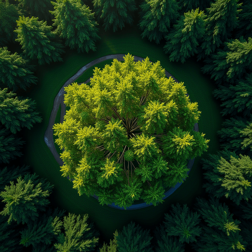 Aerial view of a perfect circle of tall trees surrounded by dense forest.